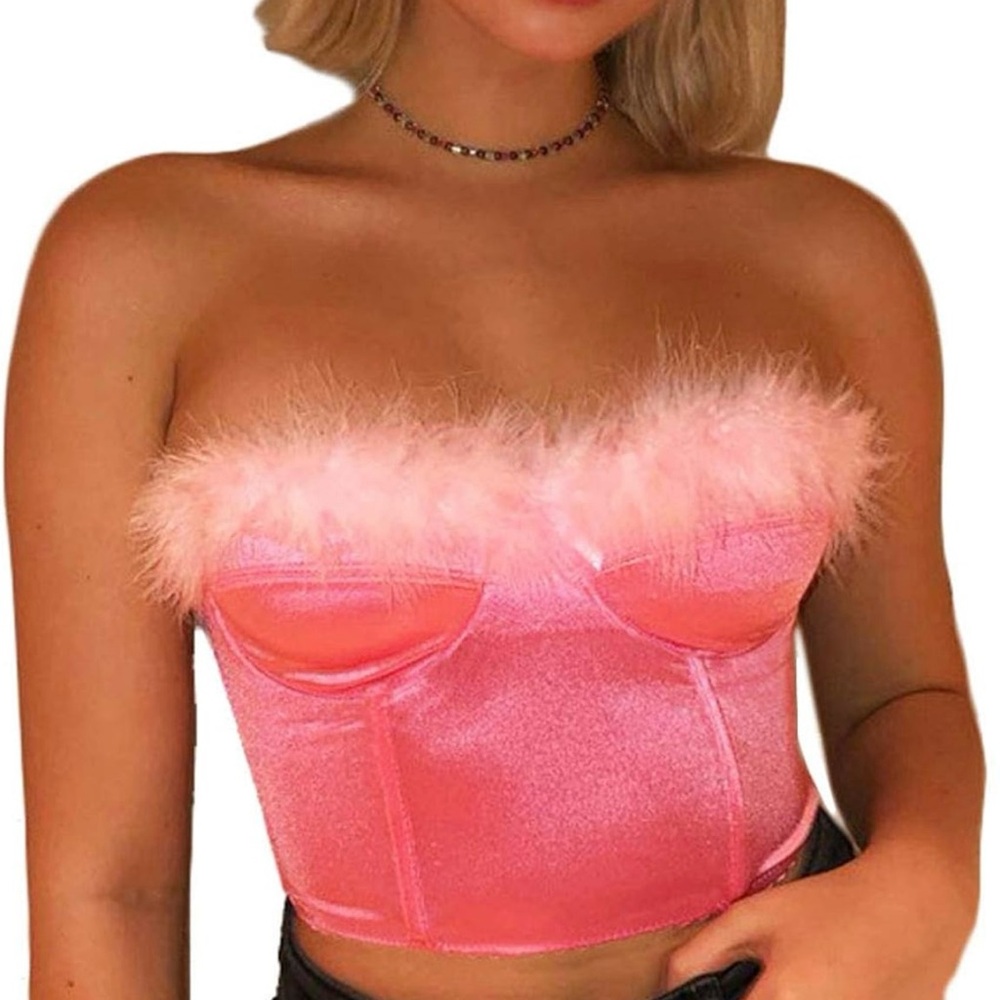Pink Feather Trim Corset Tube Bustier Satin Faux Fur Crop Top M